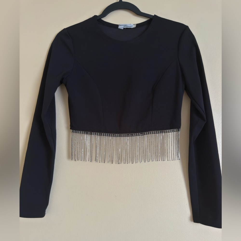 Black Rhinestone Fringe Crop Top | Party Night Out Y2K | Size S